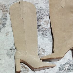 Zara Tan Suede Pointed-Toe Knee Boots